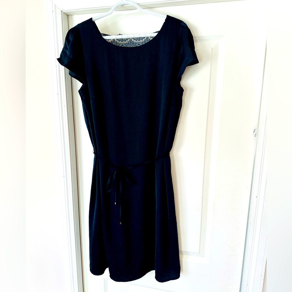 Navy capped sleeves dress.